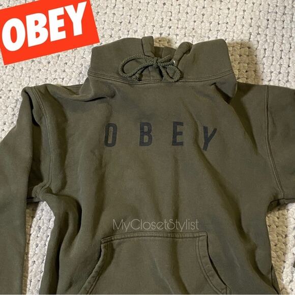 Obey Other - OBEY Hoodie Sweatshirt Black Logo! Medium Signature Hooded Jersey Men's